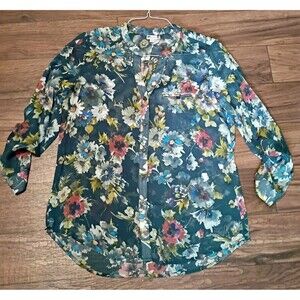 Sz LRG Kut From The Kloth USA Green Sheer See Thru Multi Floral Button Front Top